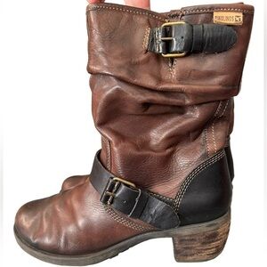 PIKOLINOS Soria Brown Two-Tone Leather Biker Boot Heeled